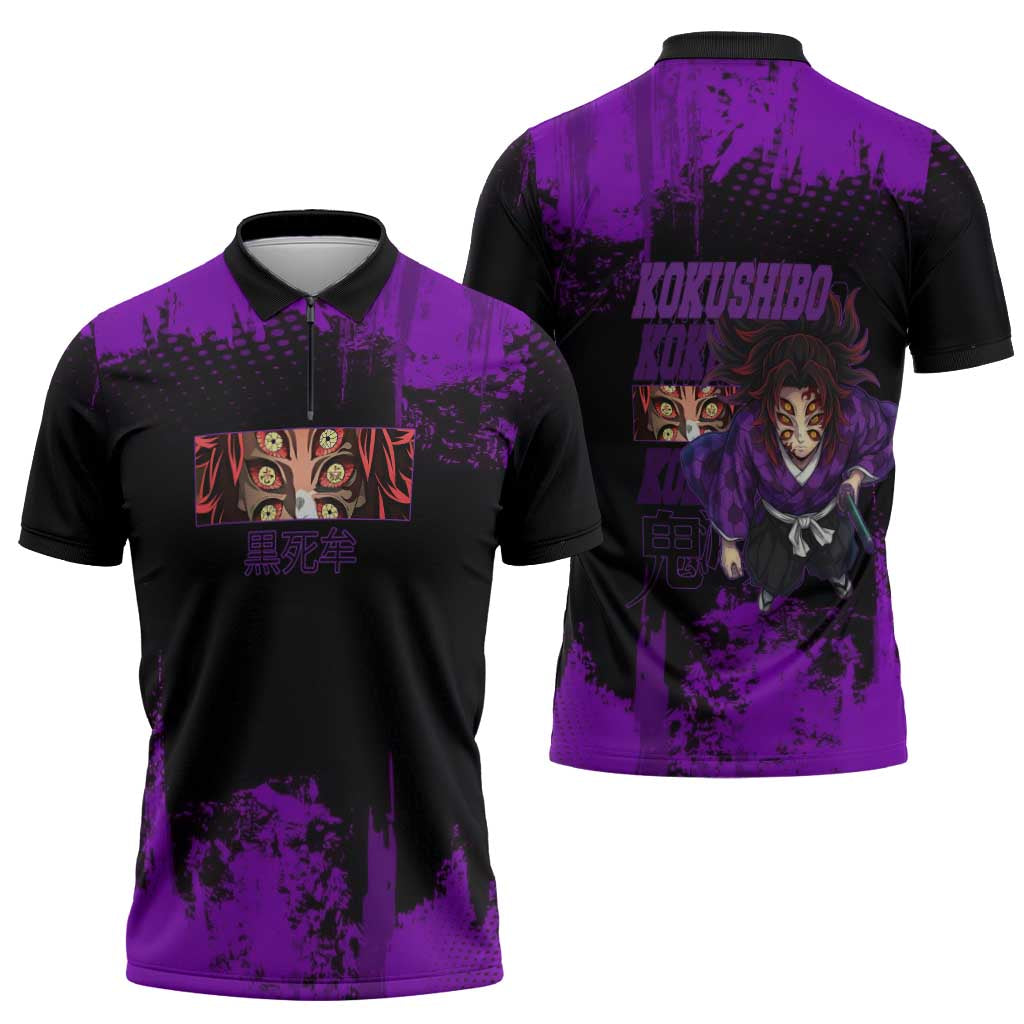 Kokushibo Demon Slayer Purple Grunge Design Zipper Polo Shirt with Six Eyes Detail and Sword Pose - The Mazicc