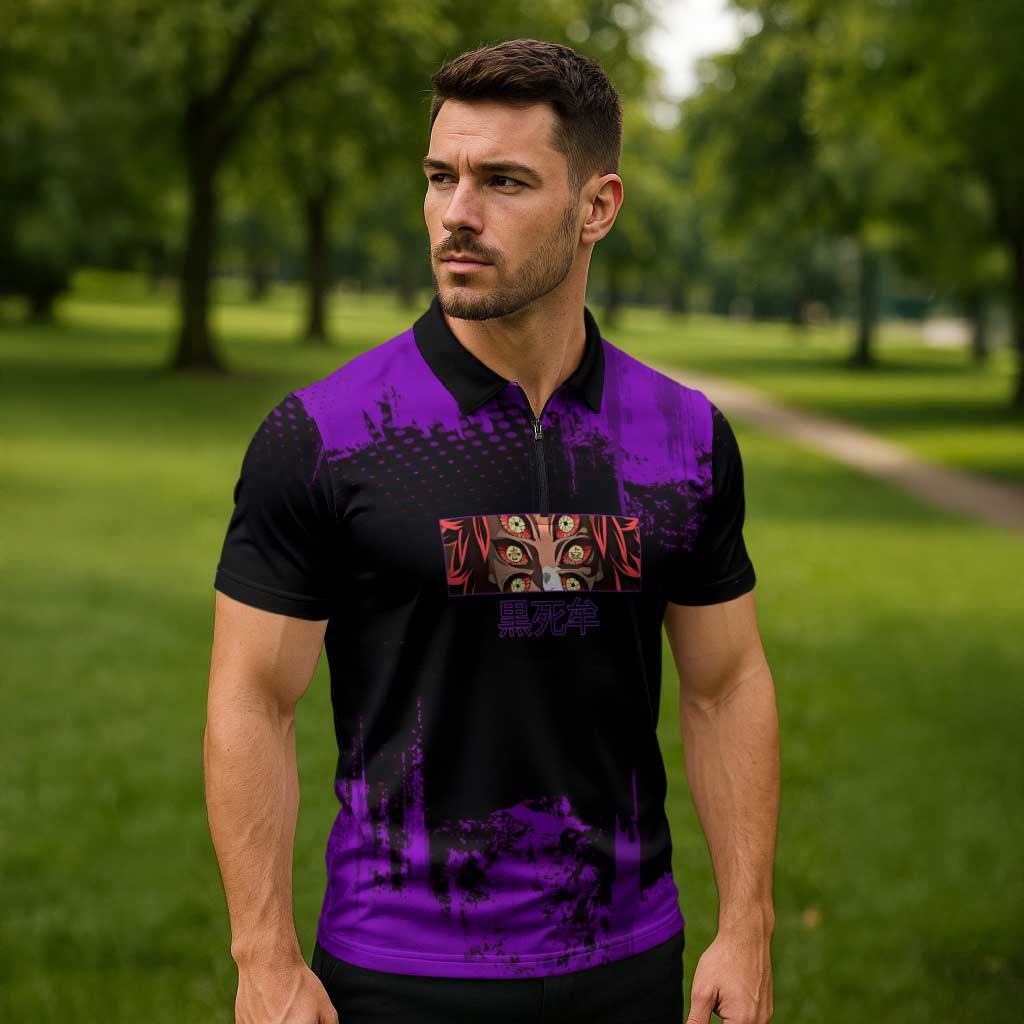 Kokushibo Demon Slayer Purple Grunge Design Zipper Polo Shirt with Six Eyes Detail and Sword Pose - The Mazicc