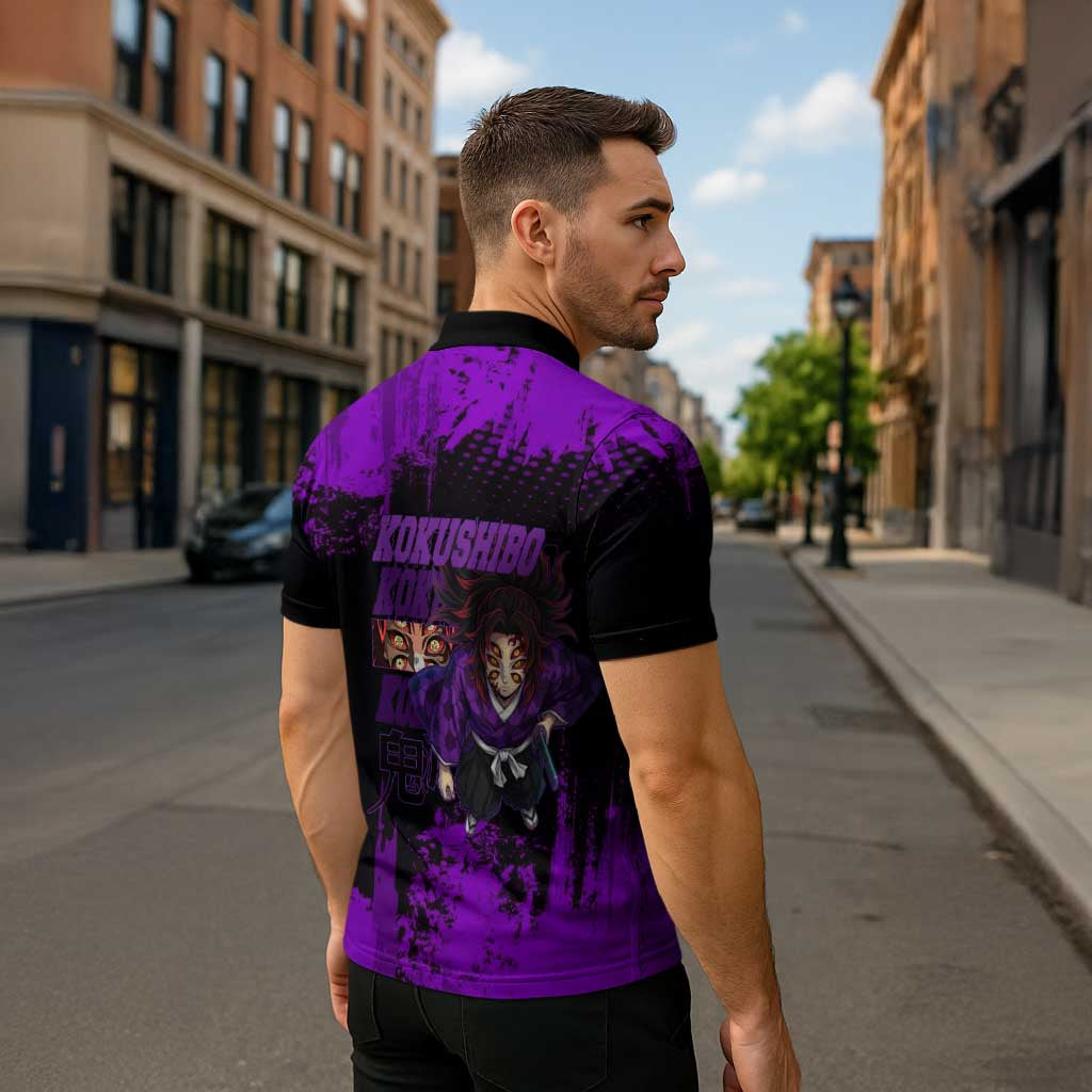 Kokushibo Demon Slayer Purple Grunge Design Zipper Polo Shirt with Six Eyes Detail and Sword Pose - The Mazicc