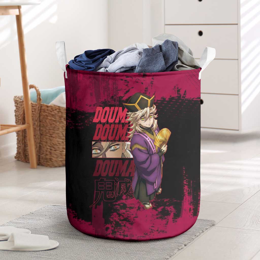 Douma Demon Slayer Red Grunge Design Laundry Basket with Fan Pose and Piercing Eyes Detail - The Mazicc