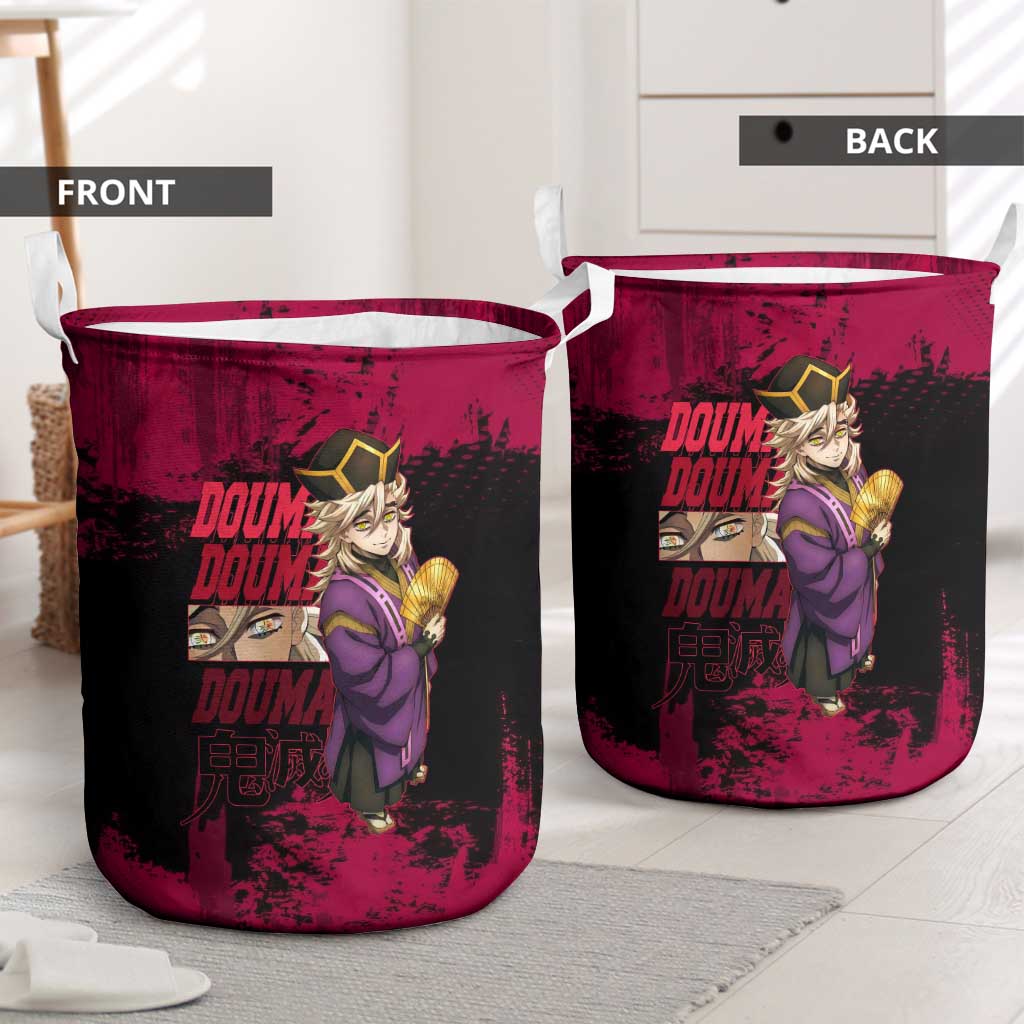 Douma Demon Slayer Red Grunge Design Laundry Basket with Fan Pose and Piercing Eyes Detail - The Mazicc