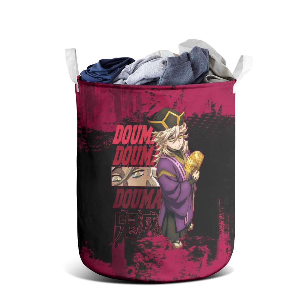 Douma Demon Slayer Red Grunge Design Laundry Basket with Fan Pose and Piercing Eyes Detail - The Mazicc