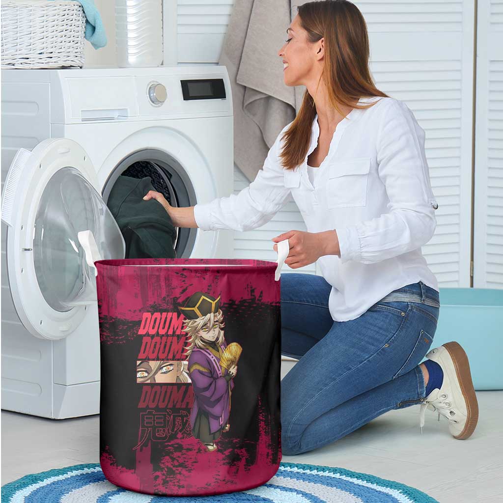 Douma Demon Slayer Red Grunge Design Laundry Basket with Fan Pose and Piercing Eyes Detail - The Mazicc