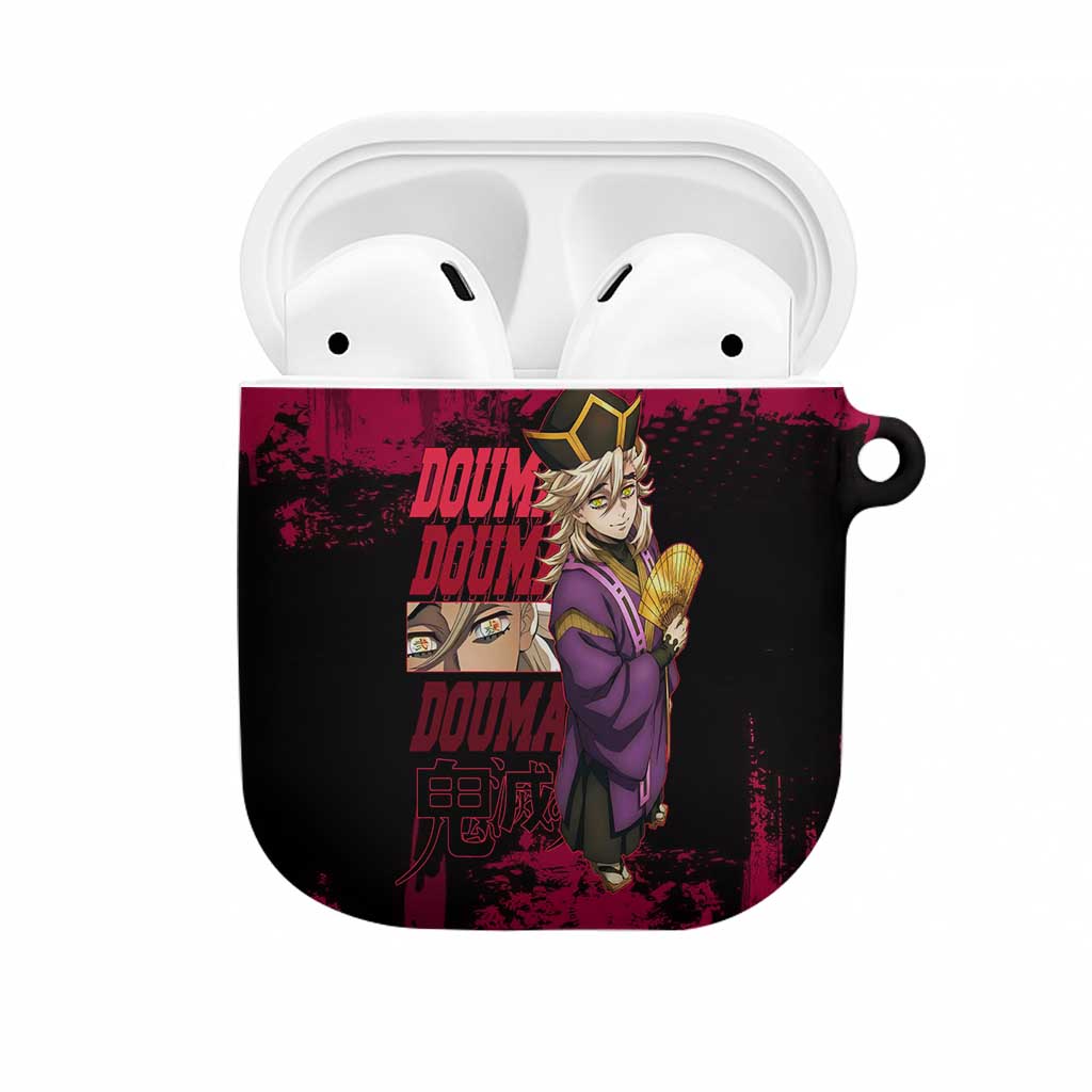 Douma Demon Slayer Red Grunge Design AirPods Case with Fan Pose and Piercing Eyes Detail - The Mazicc