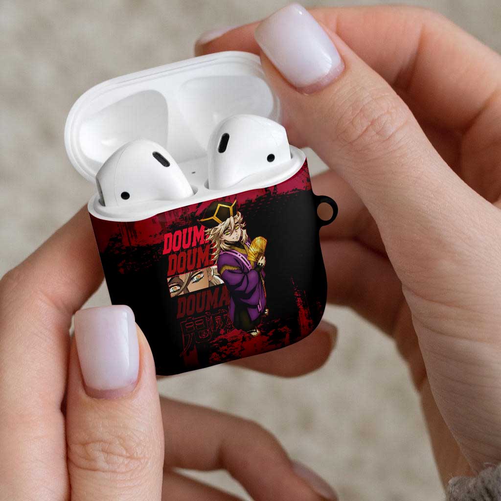 Douma Demon Slayer Red Grunge Design AirPods Case with Fan Pose and Piercing Eyes Detail - The Mazicc