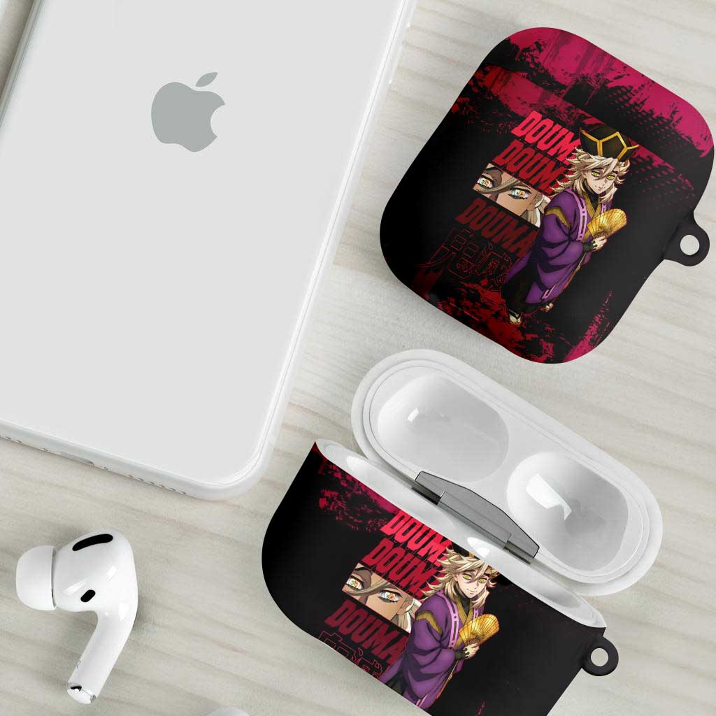 Douma Demon Slayer Red Grunge Design AirPods Case with Fan Pose and Piercing Eyes Detail - The Mazicc