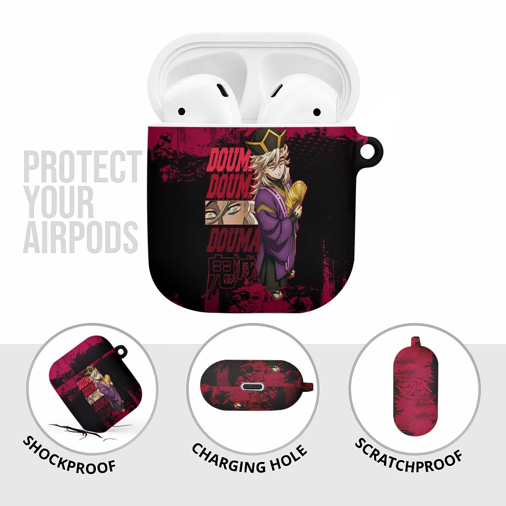 Douma Demon Slayer Red Grunge Design AirPods Case with Fan Pose and Piercing Eyes Detail - The Mazicc
