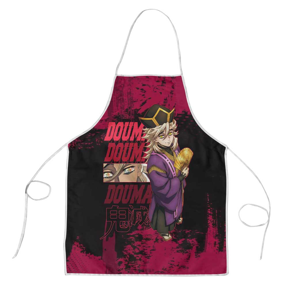 Douma Demon Slayer Red Grunge Design Apron with Fan Pose and Piercing Eyes Detail - The Mazicc