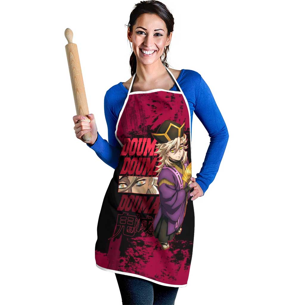 Douma Demon Slayer Red Grunge Design Apron with Fan Pose and Piercing Eyes Detail - The Mazicc