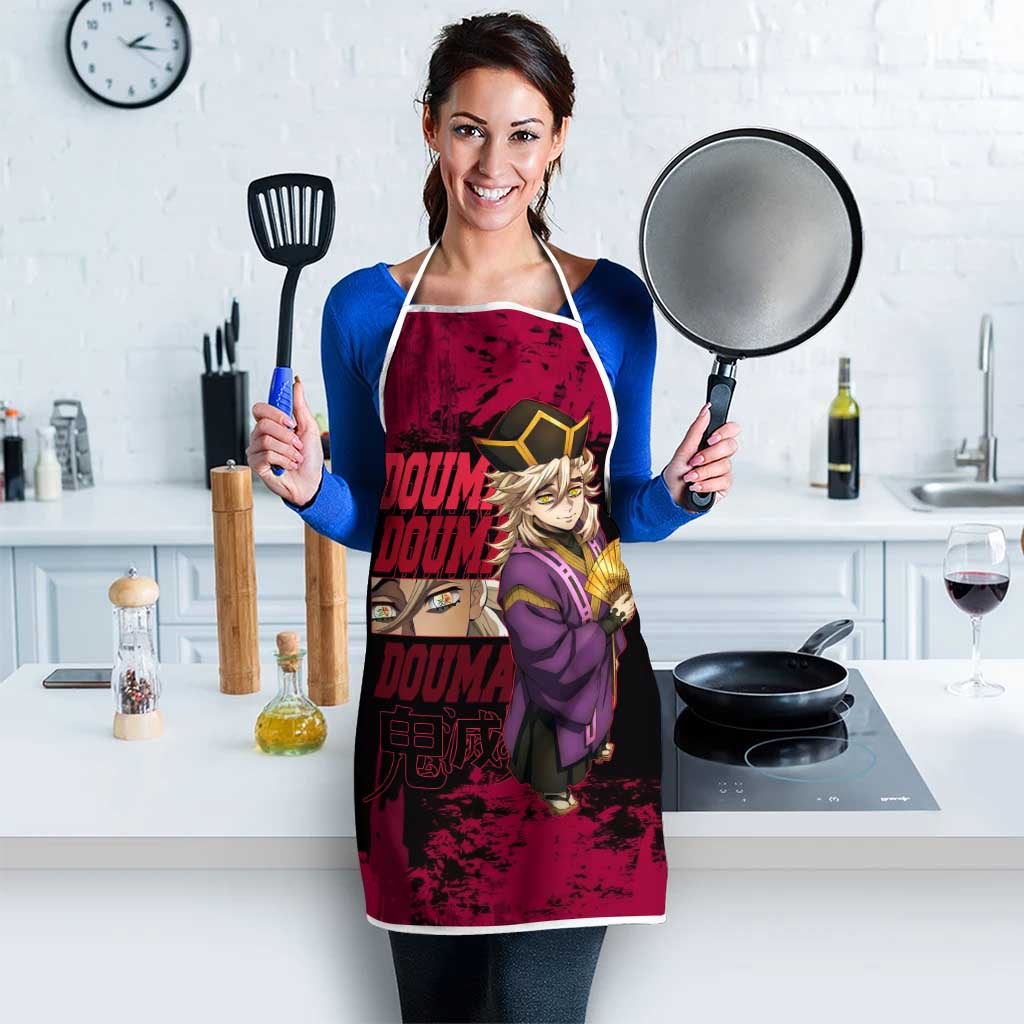 Douma Demon Slayer Red Grunge Design Apron with Fan Pose and Piercing Eyes Detail - The Mazicc
