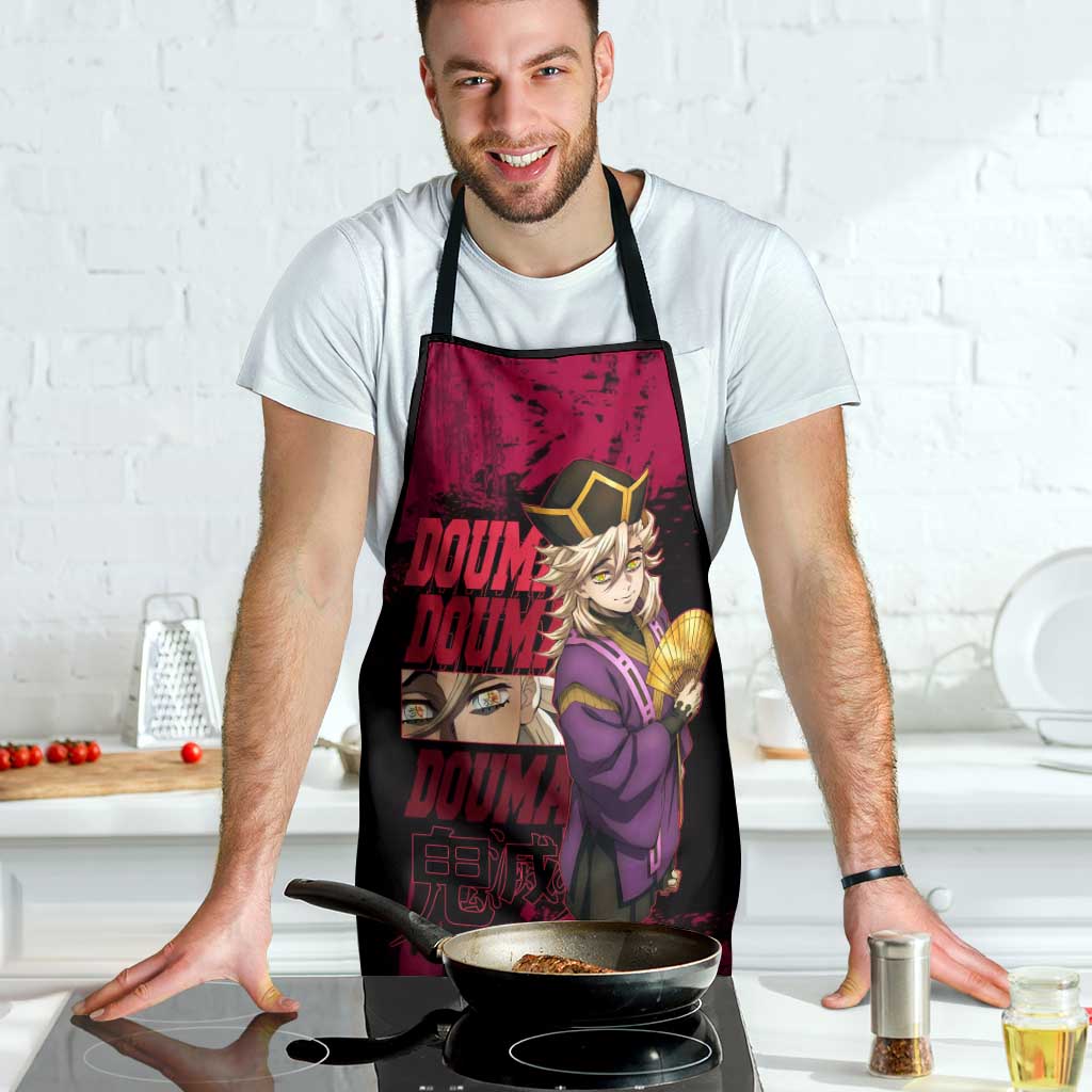 Douma Demon Slayer Red Grunge Design Apron with Fan Pose and Piercing Eyes Detail - The Mazicc