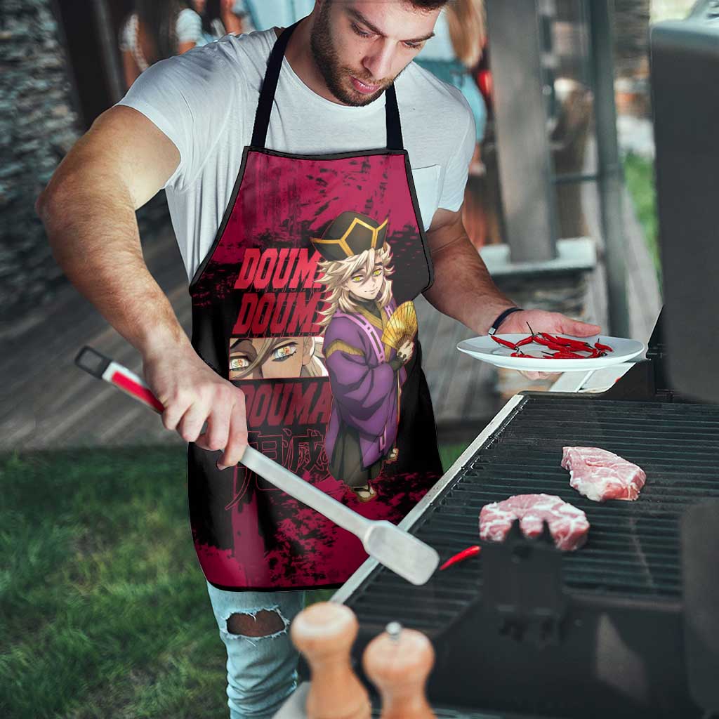 Douma Demon Slayer Red Grunge Design Apron with Fan Pose and Piercing Eyes Detail - The Mazicc