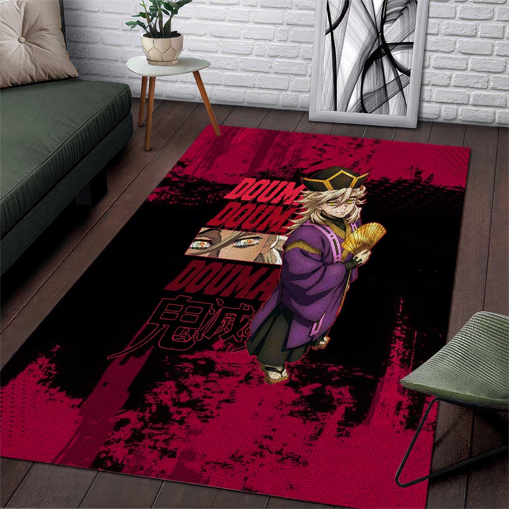 Douma Demon Slayer Red Grunge Design Area Rug with Fan Pose and Piercing Eyes Detail - The Mazicc