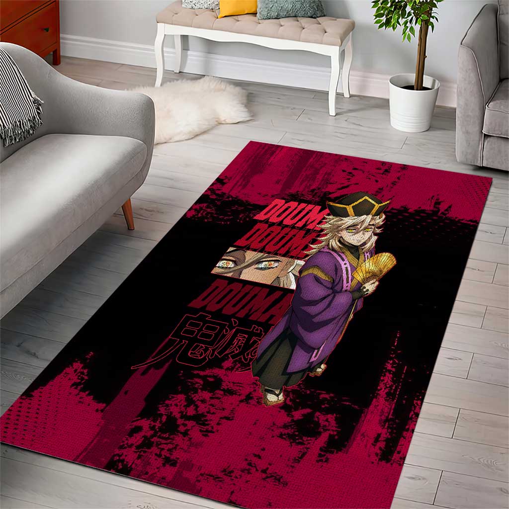 Douma Demon Slayer Red Grunge Design Area Rug with Fan Pose and Piercing Eyes Detail - The Mazicc