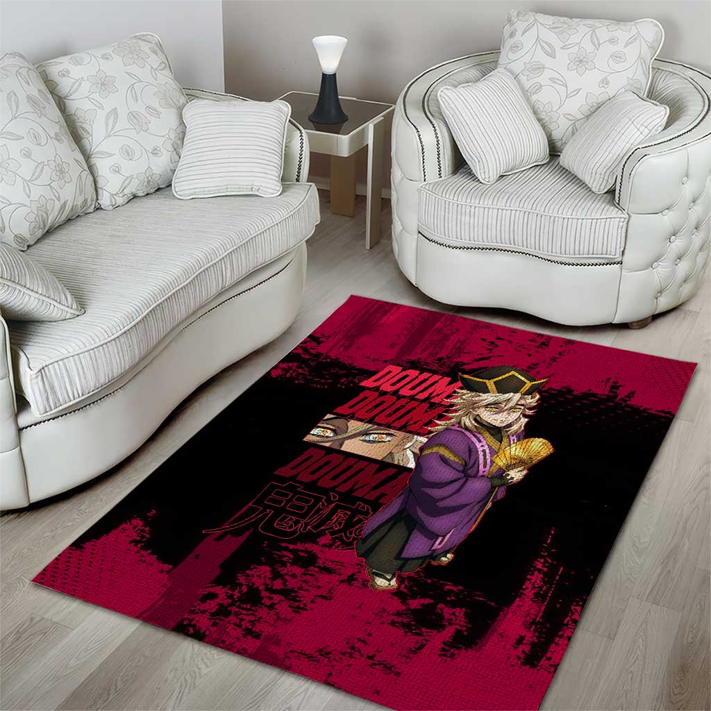 Douma Demon Slayer Red Grunge Design Area Rug with Fan Pose and Piercing Eyes Detail - The Mazicc