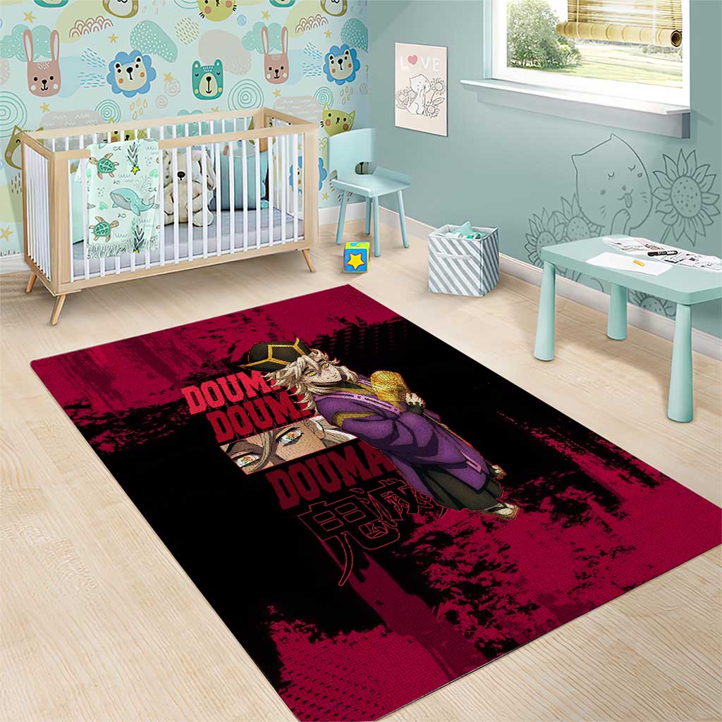 Douma Demon Slayer Red Grunge Design Area Rug with Fan Pose and Piercing Eyes Detail - The Mazicc