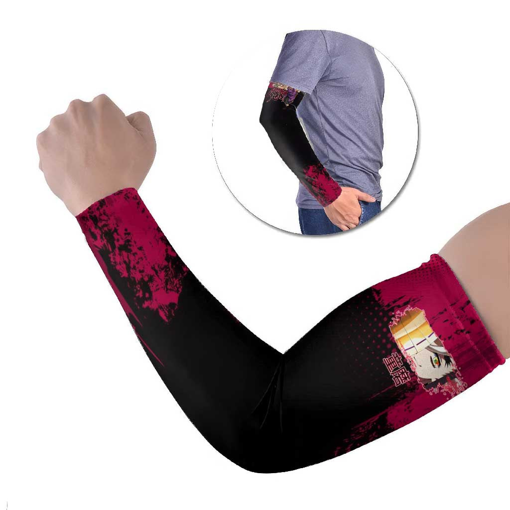 Douma Demon Slayer Red Grunge Design Arm Sleeves with Fan Pose and Piercing Eyes Detail - The Mazicc