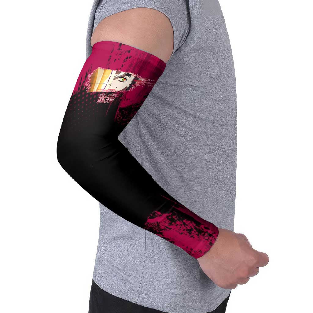 Douma Demon Slayer Red Grunge Design Arm Sleeves with Fan Pose and Piercing Eyes Detail - The Mazicc