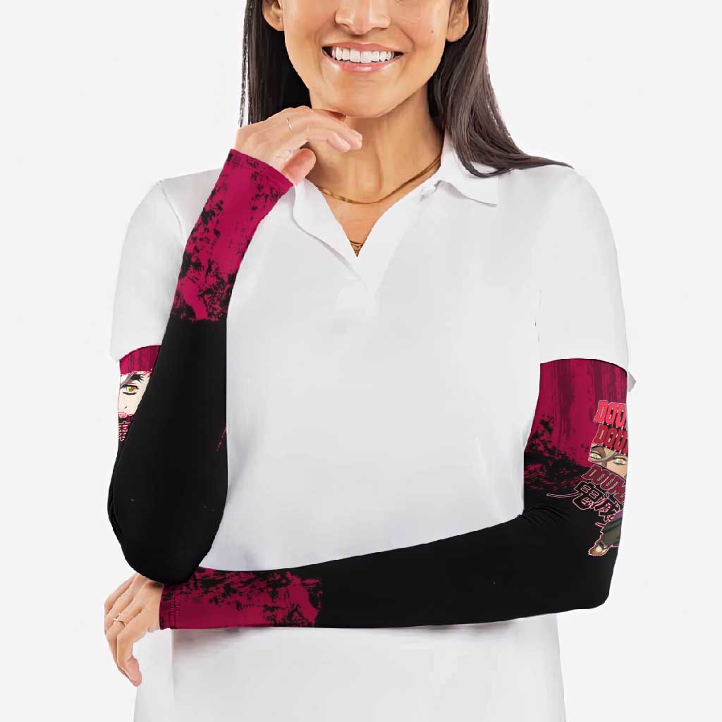 Douma Demon Slayer Red Grunge Design Arm Sleeves with Fan Pose and Piercing Eyes Detail - The Mazicc