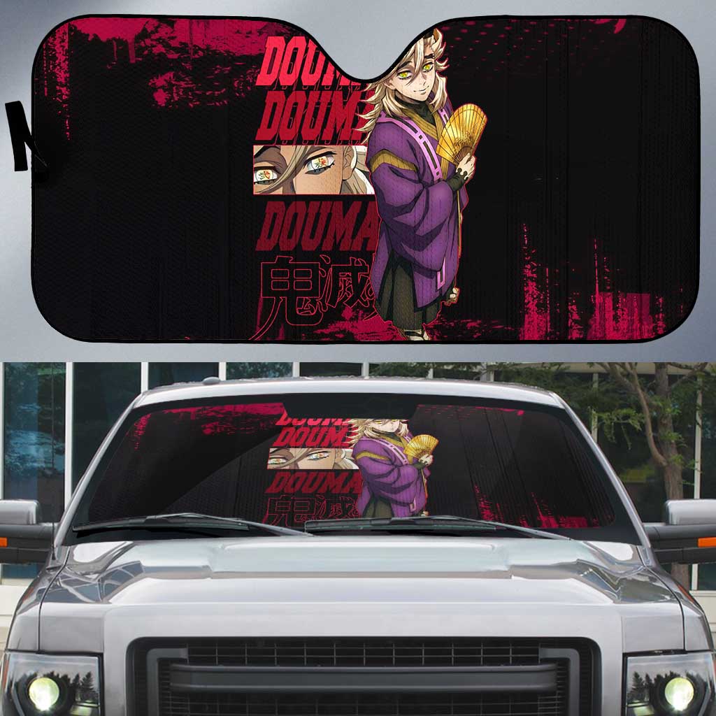 Douma Demon Slayer Red Grunge Design Auto Sun Shade with Fan Pose and Piercing Eyes Detail - The Mazicc