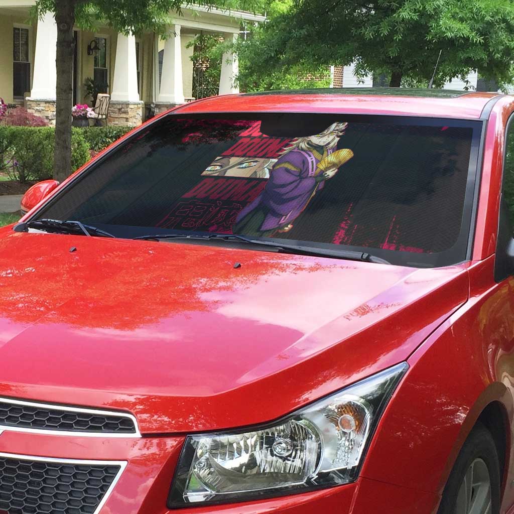 Douma Demon Slayer Red Grunge Design Auto Sun Shade with Fan Pose and Piercing Eyes Detail - The Mazicc