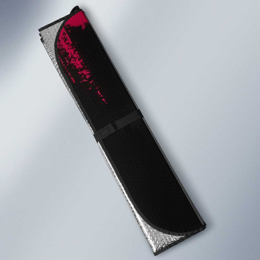 Douma Demon Slayer Red Grunge Design Auto Sun Shade with Fan Pose and Piercing Eyes Detail - The Mazicc
