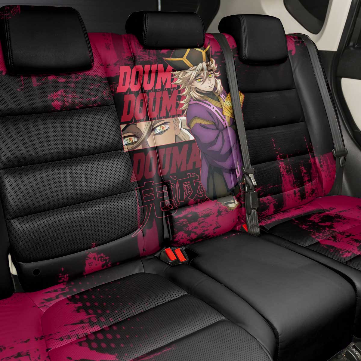 Douma Demon Slayer Red Grunge Design Back Car Seat Cover with Fan Pose and Piercing Eyes Detail - The Mazicc