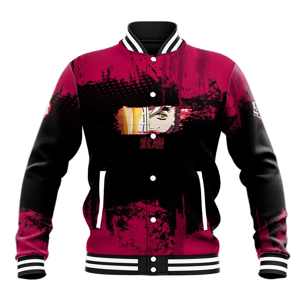 Douma Demon Slayer Red Grunge Design Baseball Jacket with Fan Pose and Piercing Eyes Detail - The Mazicc