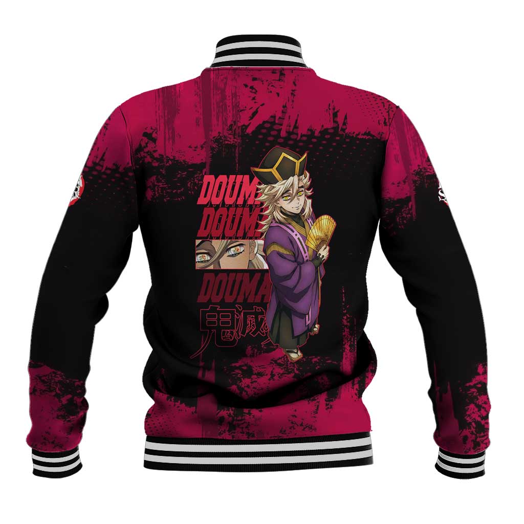 Douma Demon Slayer Red Grunge Design Baseball Jacket with Fan Pose and Piercing Eyes Detail - The Mazicc