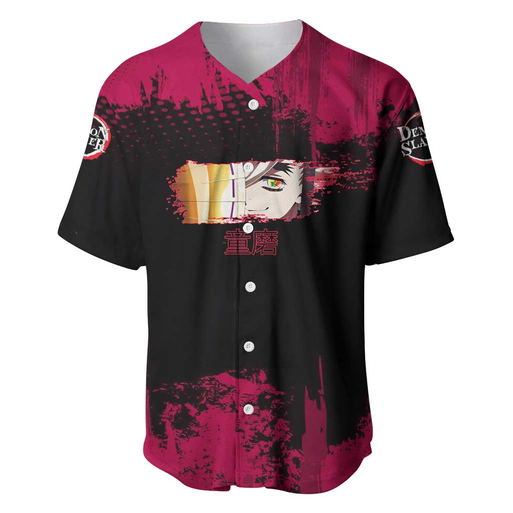 Douma Demon Slayer Red Grunge Design Baseball Jersey with Fan Pose and Piercing Eyes Detail - The Mazicc