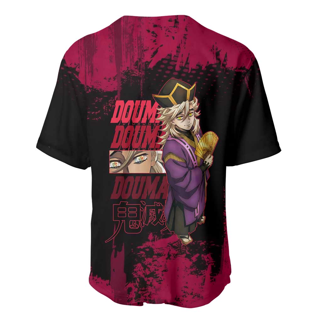 Douma Demon Slayer Red Grunge Design Baseball Jersey with Fan Pose and Piercing Eyes Detail - The Mazicc
