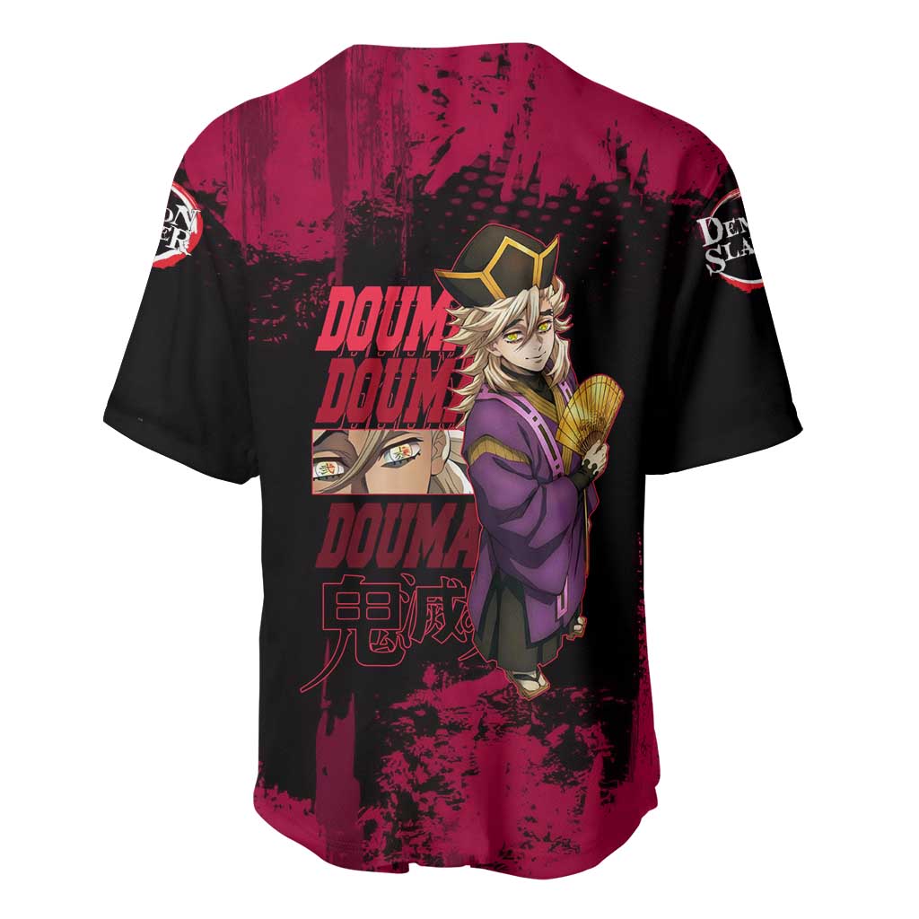Douma Demon Slayer Red Grunge Design Baseball Jersey with Fan Pose and Piercing Eyes Detail - The Mazicc