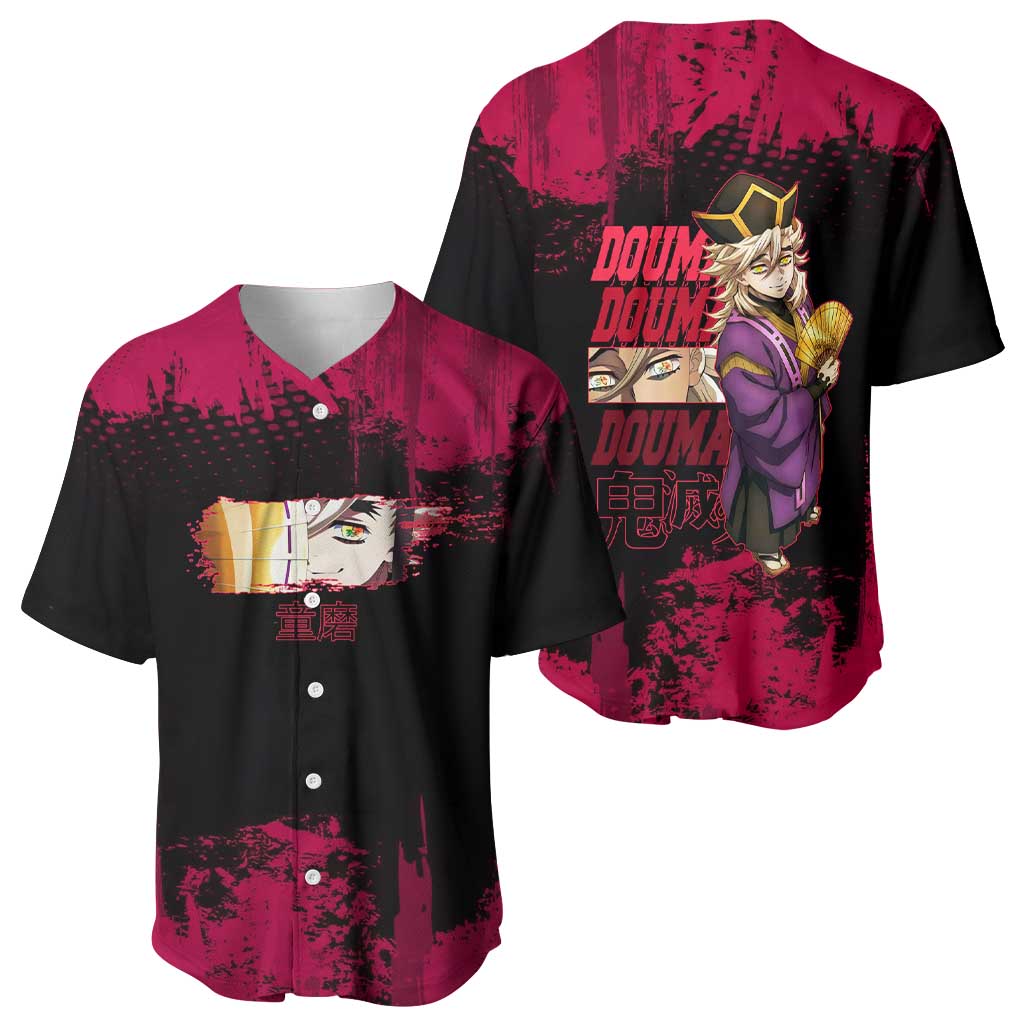 Douma Demon Slayer Red Grunge Design Baseball Jersey with Fan Pose and Piercing Eyes Detail - The Mazicc