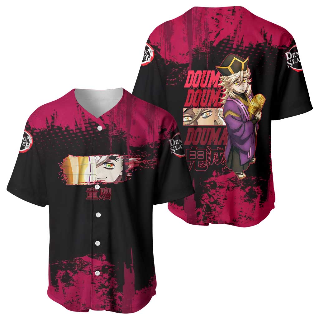 Douma Demon Slayer Red Grunge Design Baseball Jersey with Fan Pose and Piercing Eyes Detail - The Mazicc