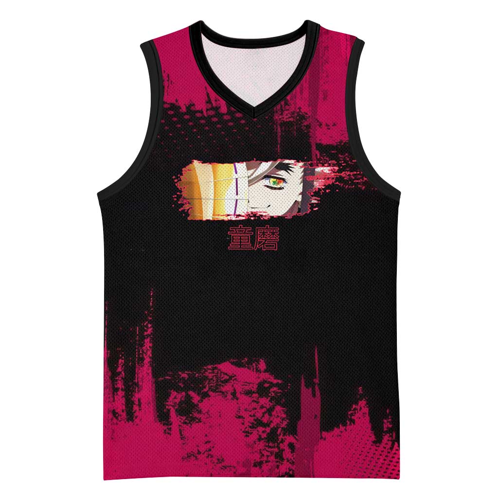 Douma Demon Slayer Red Grunge Design Basketball Jersey with Fan Pose and Piercing Eyes Detail - The Mazicc