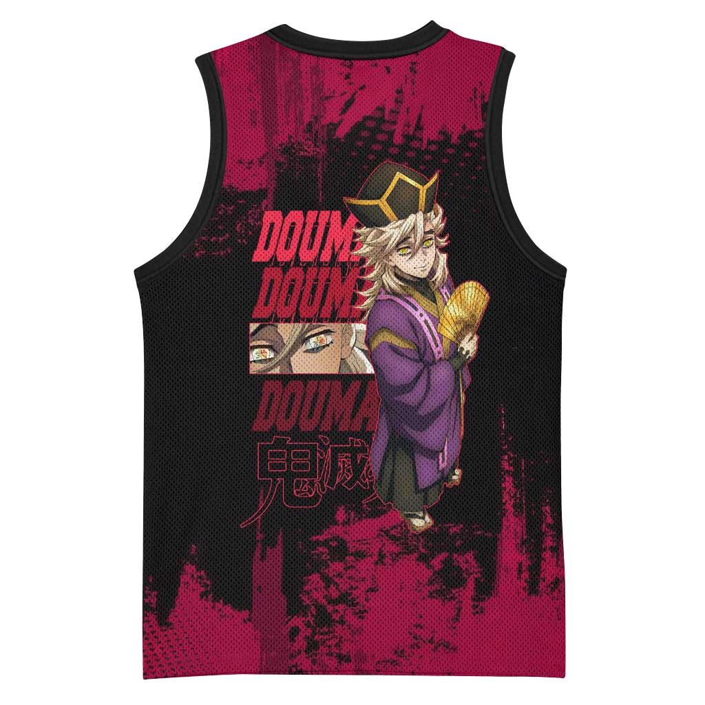 Douma Demon Slayer Red Grunge Design Basketball Jersey with Fan Pose and Piercing Eyes Detail - The Mazicc