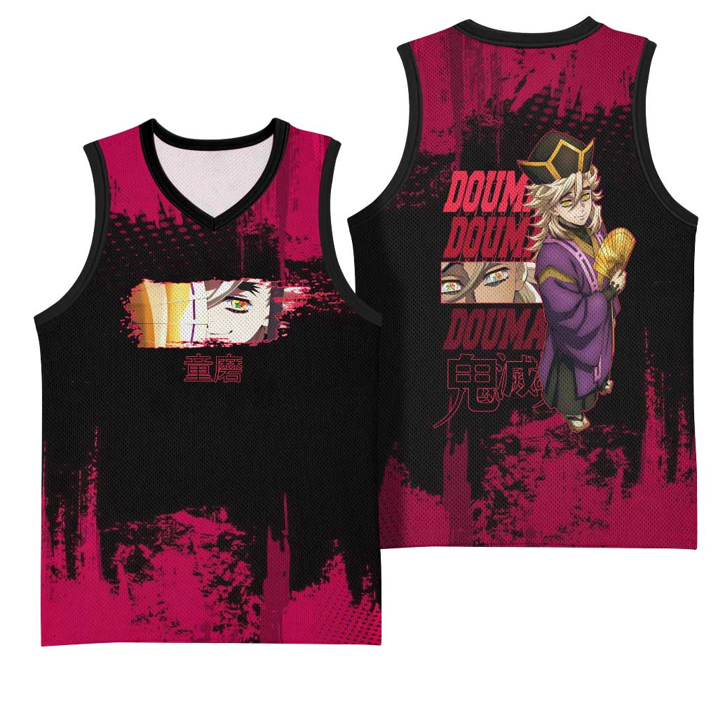 Douma Demon Slayer Red Grunge Design Basketball Jersey with Fan Pose and Piercing Eyes Detail - The Mazicc