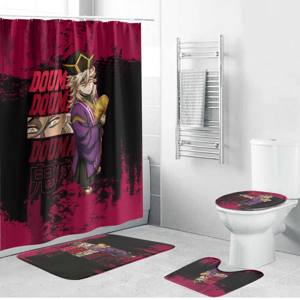 Douma Demon Slayer Red Grunge Design Bathroom Set with Fan Pose and Piercing Eyes Detail - The Mazicc