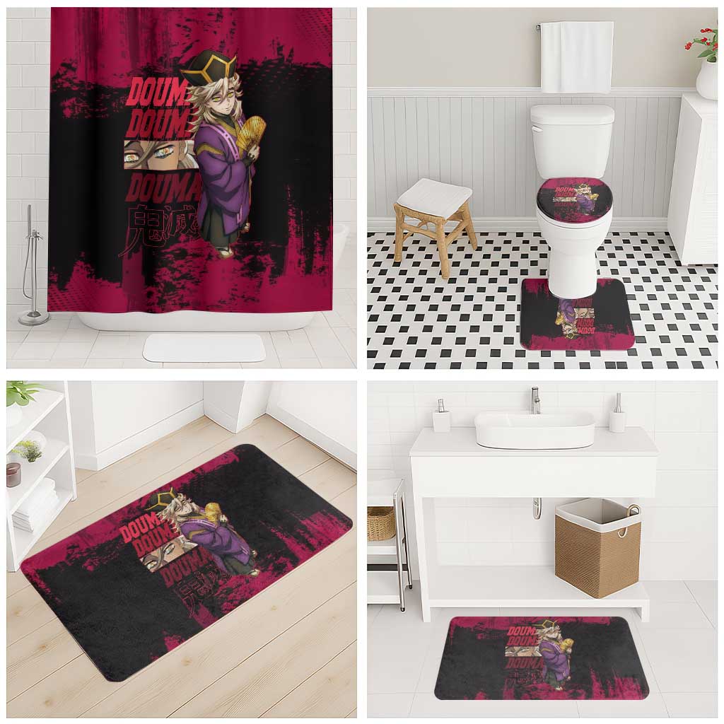 Douma Demon Slayer Red Grunge Design Bathroom Set with Fan Pose and Piercing Eyes Detail - The Mazicc