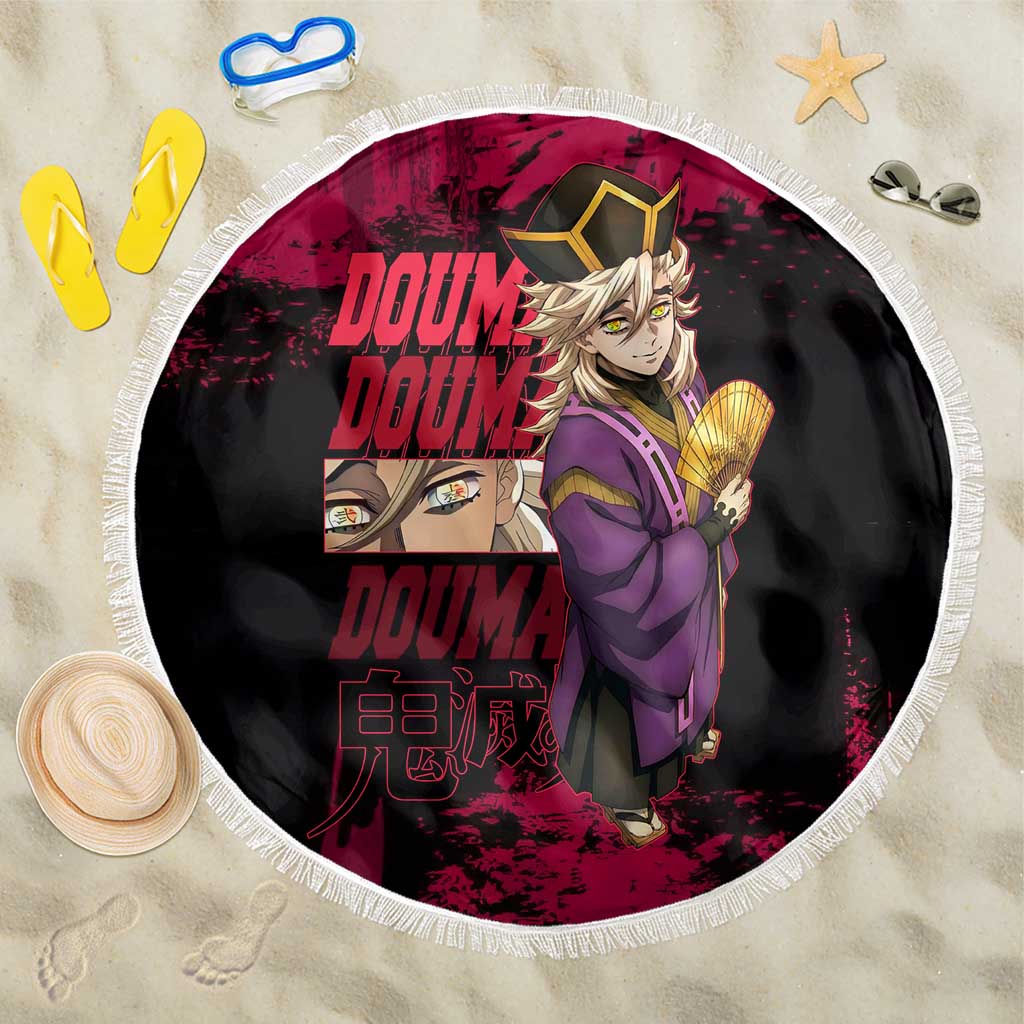 Douma Demon Slayer Red Grunge Design Beach Blanket with Fan Pose and Piercing Eyes Detail - The Mazicc