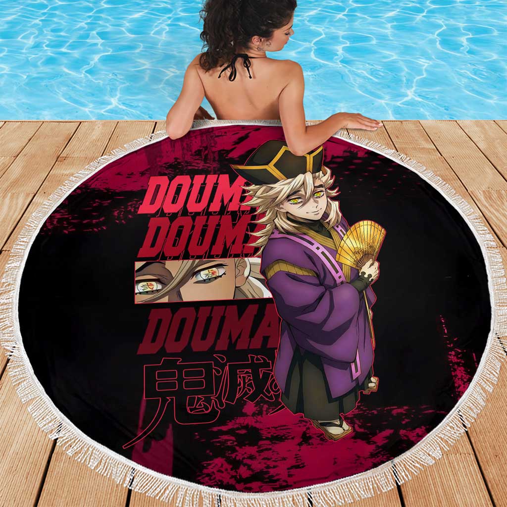 Douma Demon Slayer Red Grunge Design Beach Blanket with Fan Pose and Piercing Eyes Detail - The Mazicc