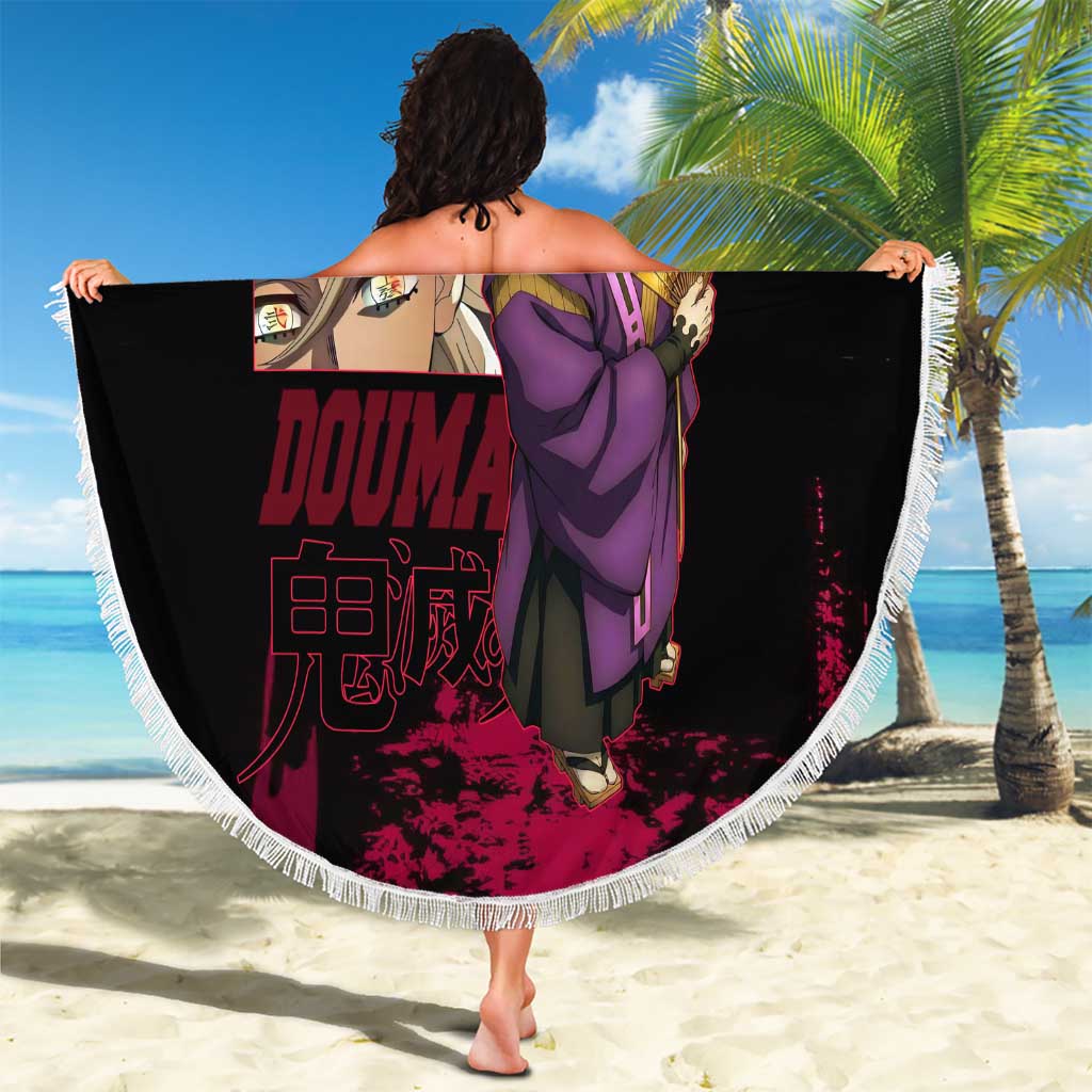 Douma Demon Slayer Red Grunge Design Beach Blanket with Fan Pose and Piercing Eyes Detail - The Mazicc