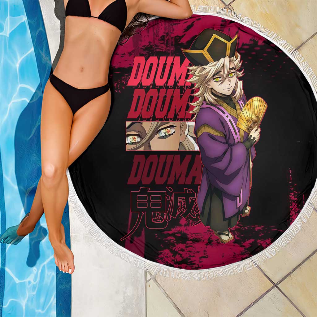 Douma Demon Slayer Red Grunge Design Beach Blanket with Fan Pose and Piercing Eyes Detail - The Mazicc