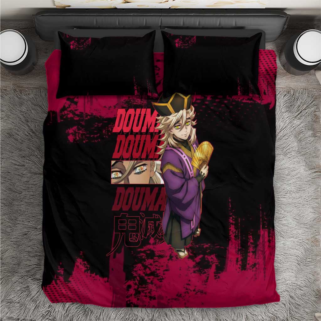 Douma Demon Slayer Red Grunge Design Bedding Set with Fan Pose and Piercing Eyes Detail - The Mazicc