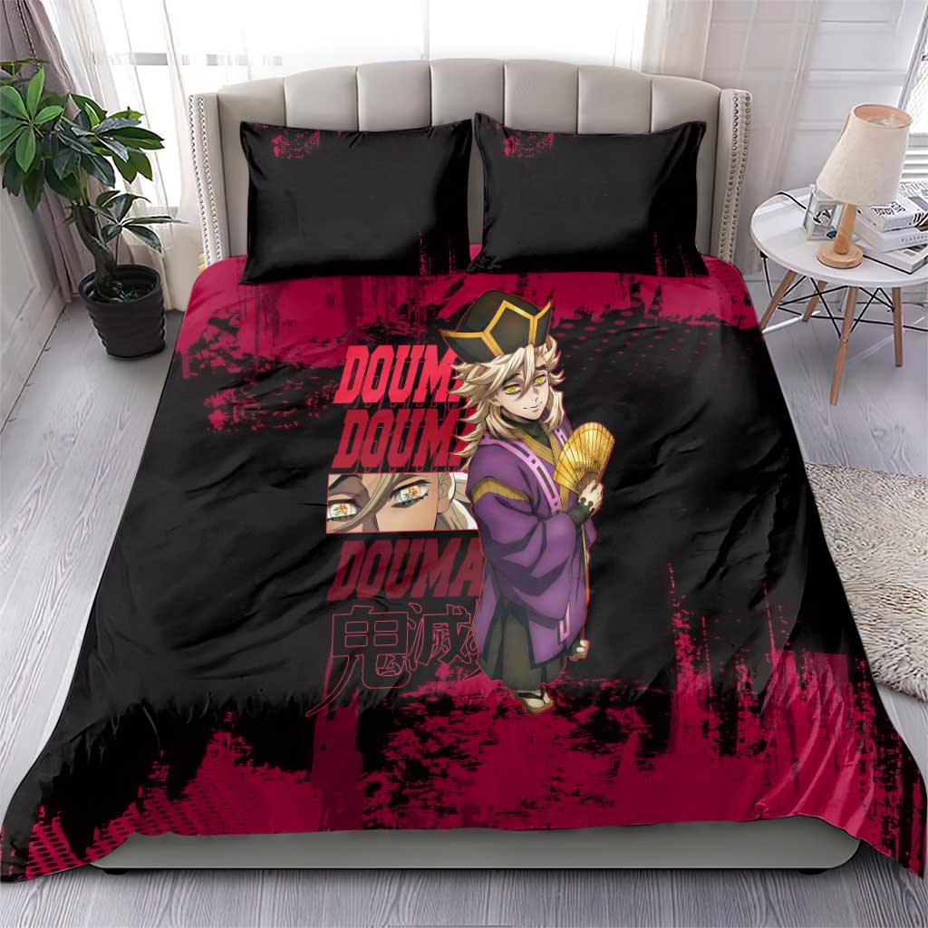 Douma Demon Slayer Red Grunge Design Bedding Set with Fan Pose and Piercing Eyes Detail - The Mazicc