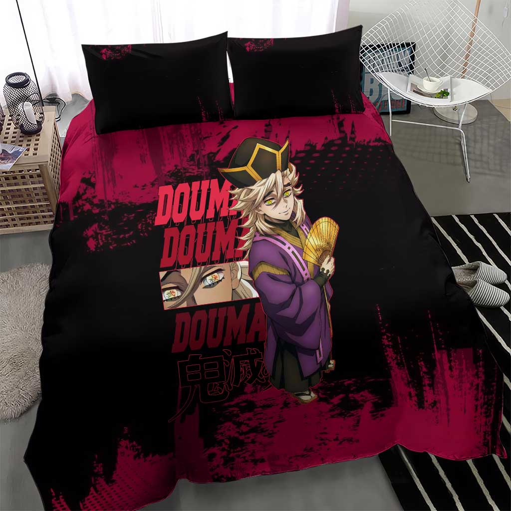 Douma Demon Slayer Red Grunge Design Bedding Set with Fan Pose and Piercing Eyes Detail - The Mazicc