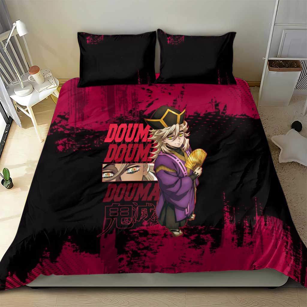 Douma Demon Slayer Red Grunge Design Bedding Set with Fan Pose and Piercing Eyes Detail - The Mazicc