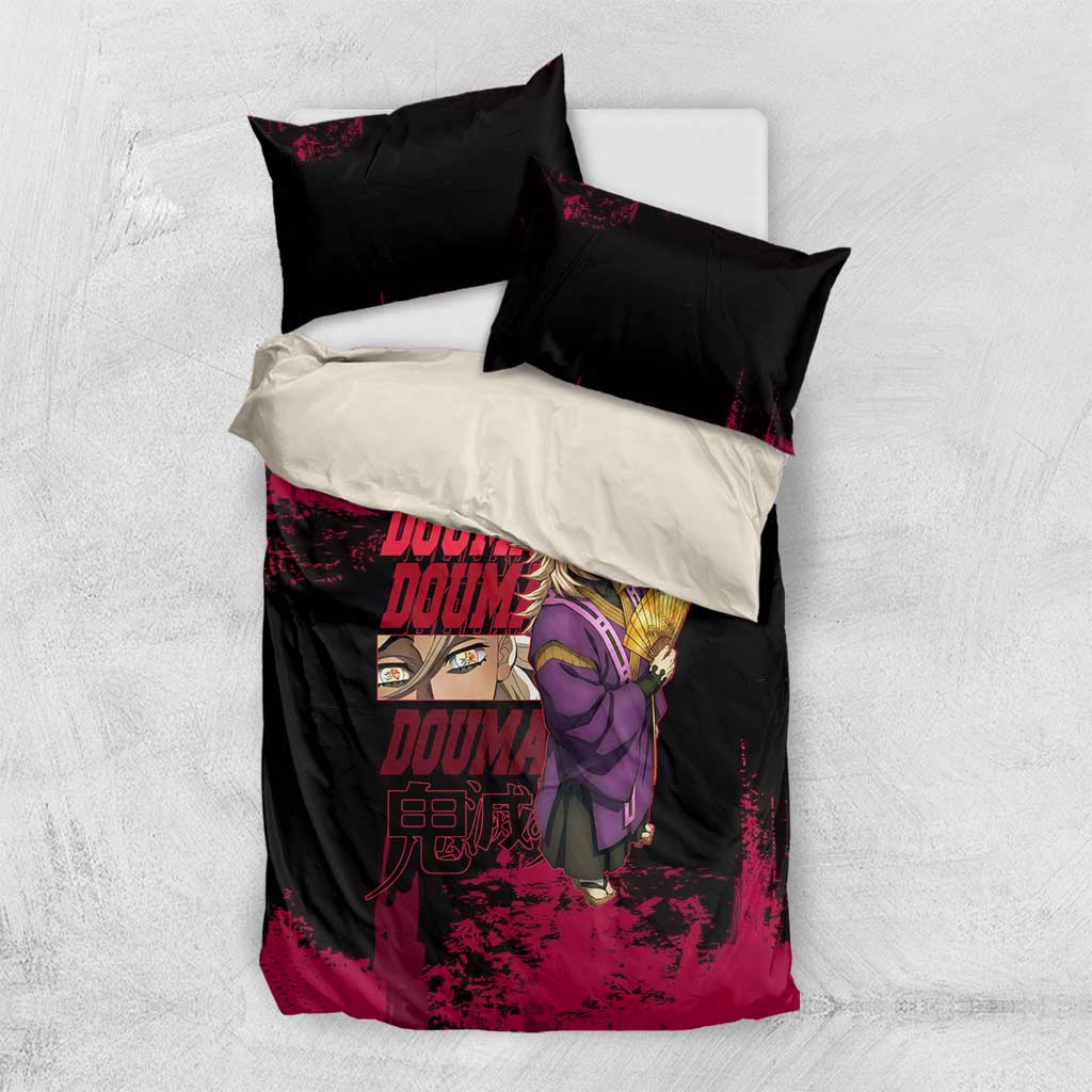 Douma Demon Slayer Red Grunge Design Bedding Set with Fan Pose and Piercing Eyes Detail - The Mazicc
