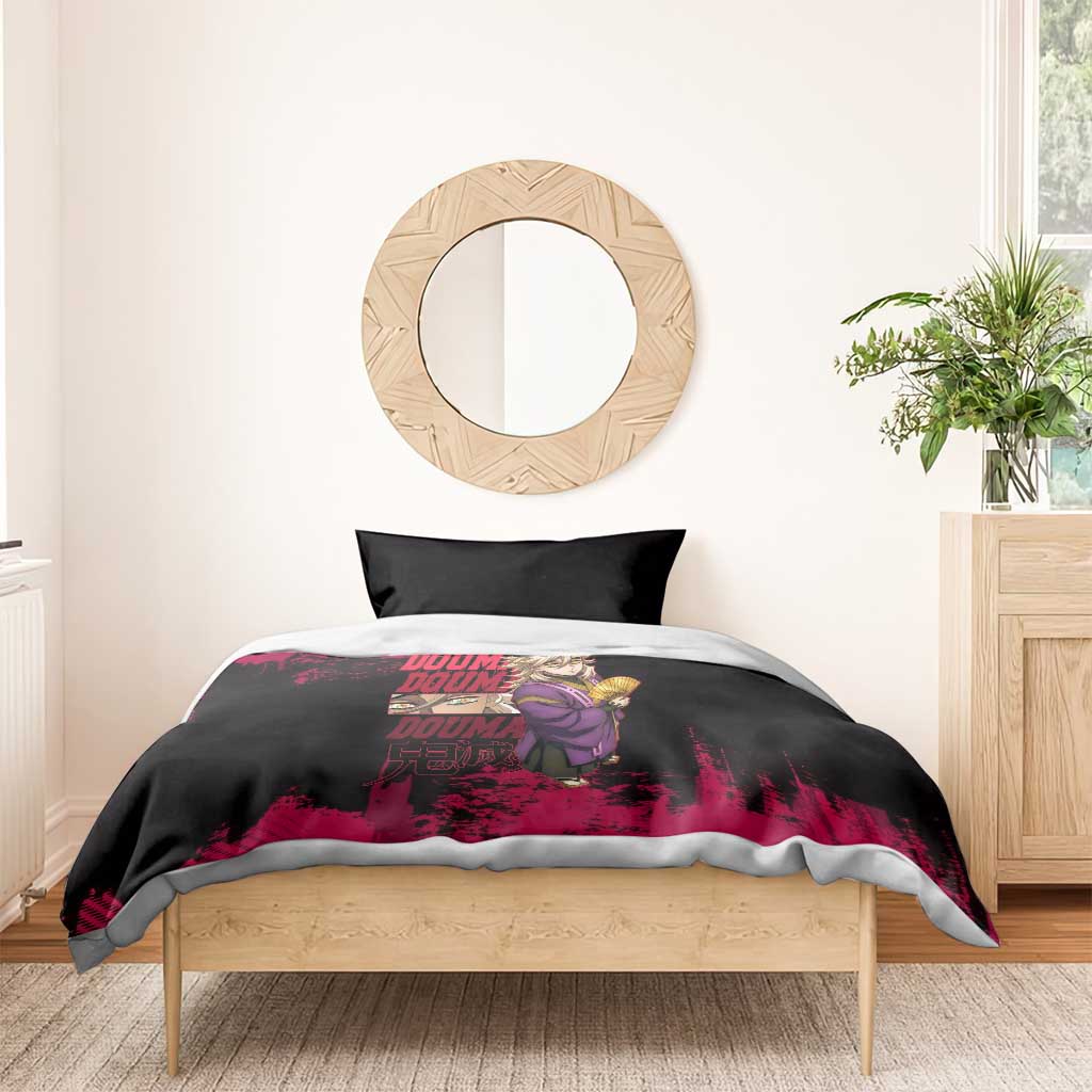 Douma Demon Slayer Red Grunge Design Bedding Set with Fan Pose and Piercing Eyes Detail - The Mazicc