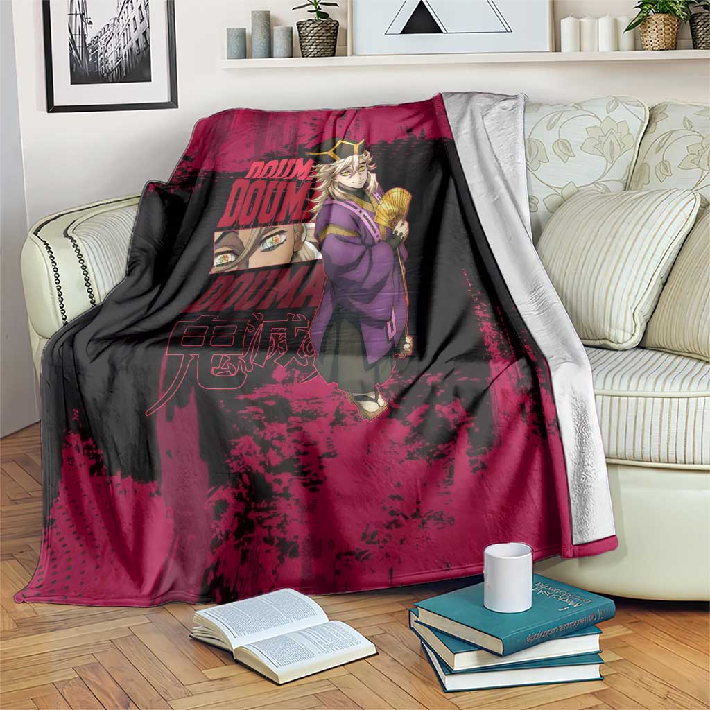 Douma Demon Slayer Red Grunge Design Blanket with Fan Pose and Piercing Eyes Detail - The Mazicc